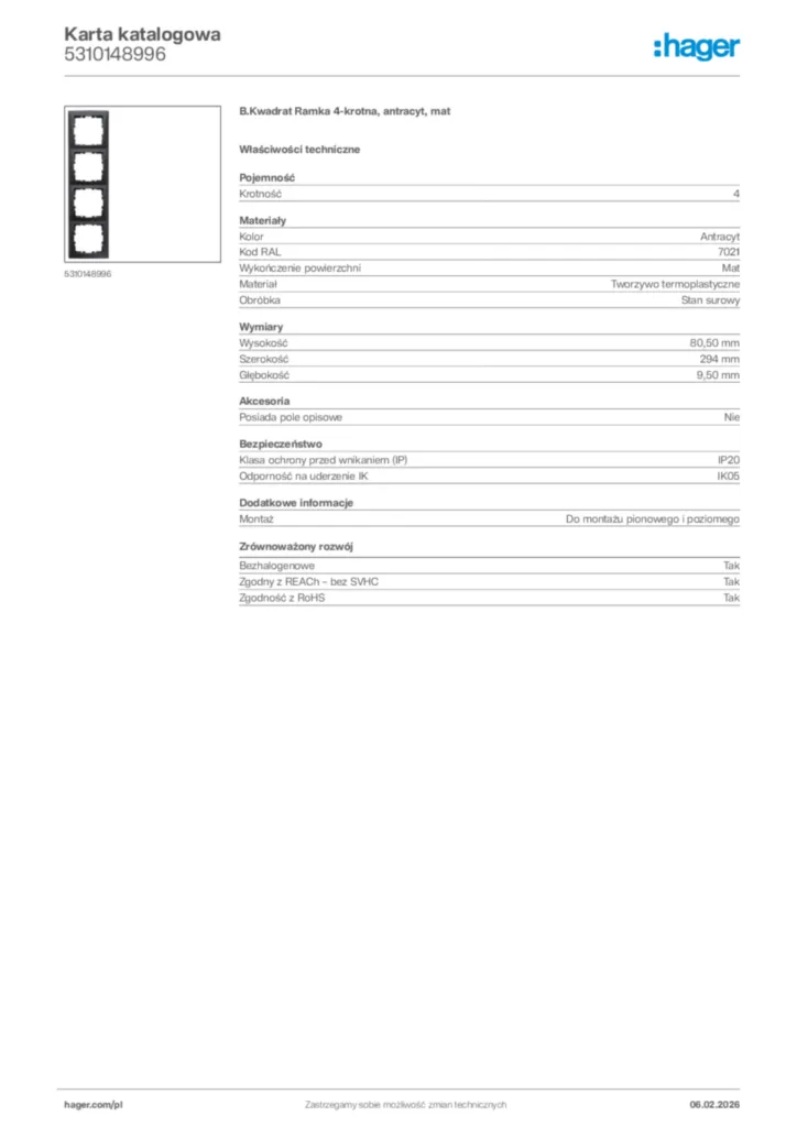 Zdjęcie Hager Karta katalogowa 5310148996 | Hager Polska
