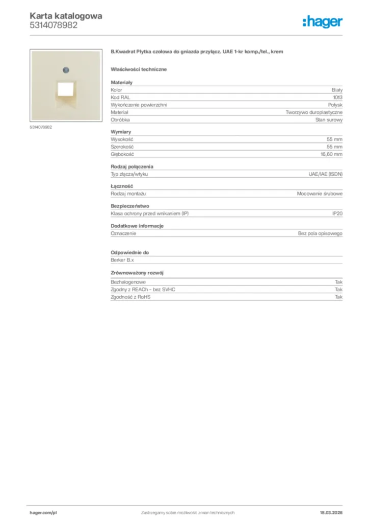 Zdjęcie Hager Karta katalogowa 5314078982 | Hager Polska