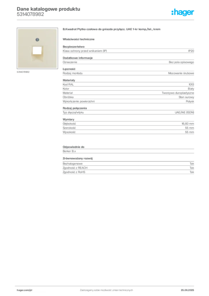 Zdjęcie Hager Dane katalogowe produktu 5314078982 | Hager Polska