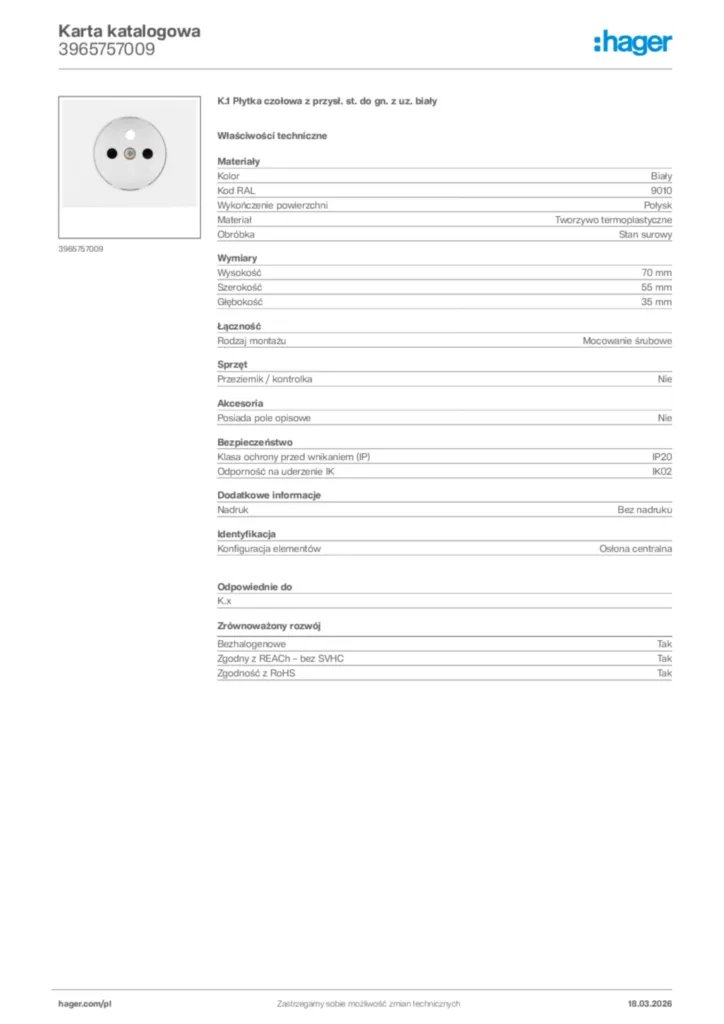 Zdjęcie Hager Karta katalogowa 3965757009 | Hager Polska