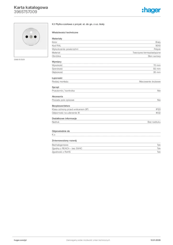 Zdjęcie Hager Karta katalogowa 3965757009 | Hager Polska
