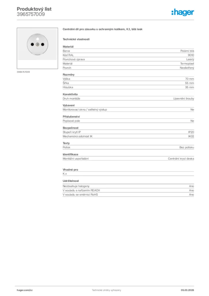 Obrázek Hager Product data sheet 3965757009 | Hager