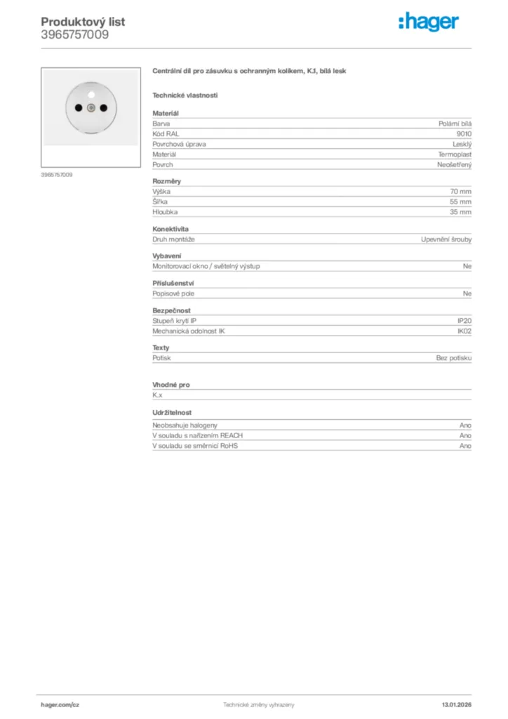 Obrázek Hager Product data sheet 3965757009 | Hager