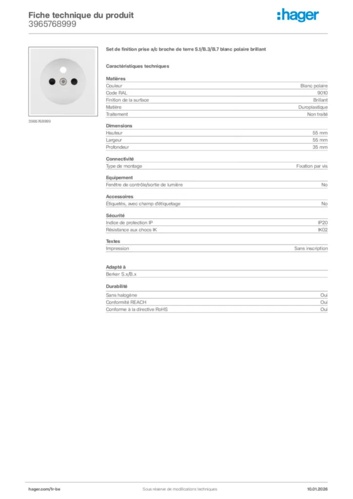 Image Hager Fiche technique du produit 3965768999 | Hager Belgique