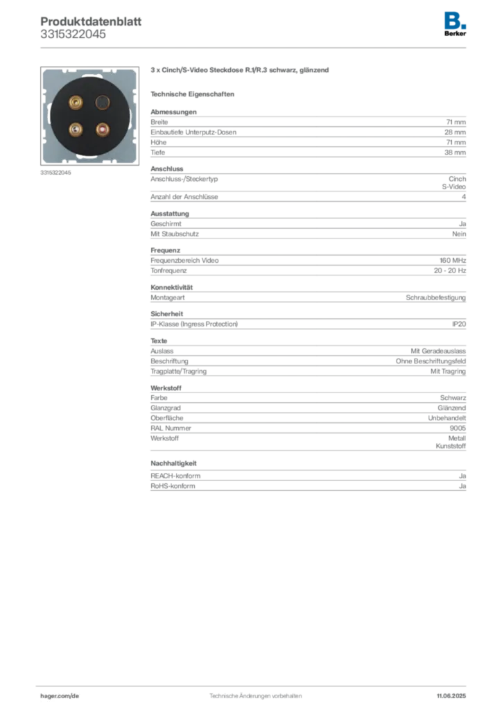 Bild Berker Produktdatenblatt 3315322045 | Hager Deutschland