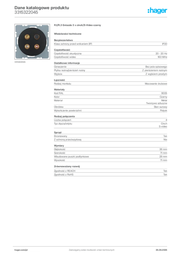 Zdjęcie Hager Dane katalogowe produktu 3315322045 | Hager Polska