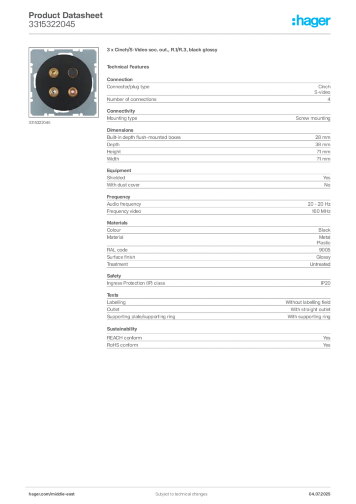 Image Hager Product data sheet 3315322045  | Hager