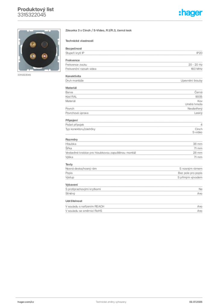 Obrázek Hager Produktový list 3315322045 | Hager