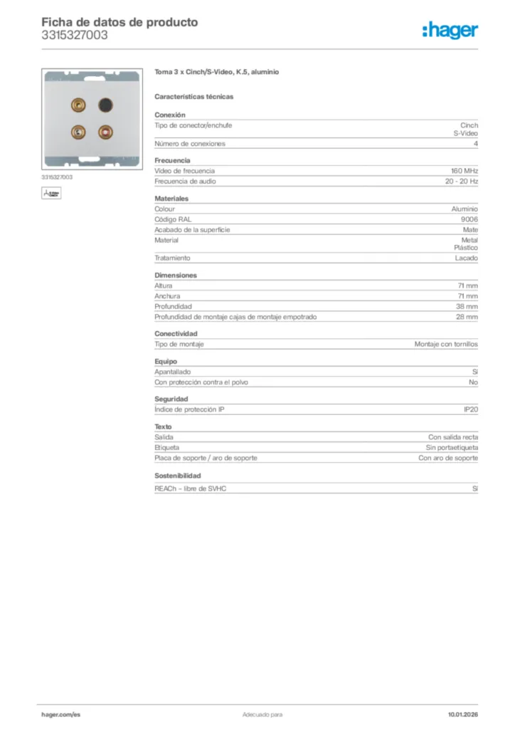 Imagen Hager Ficha de datos de producto 3315327003 | Hager España