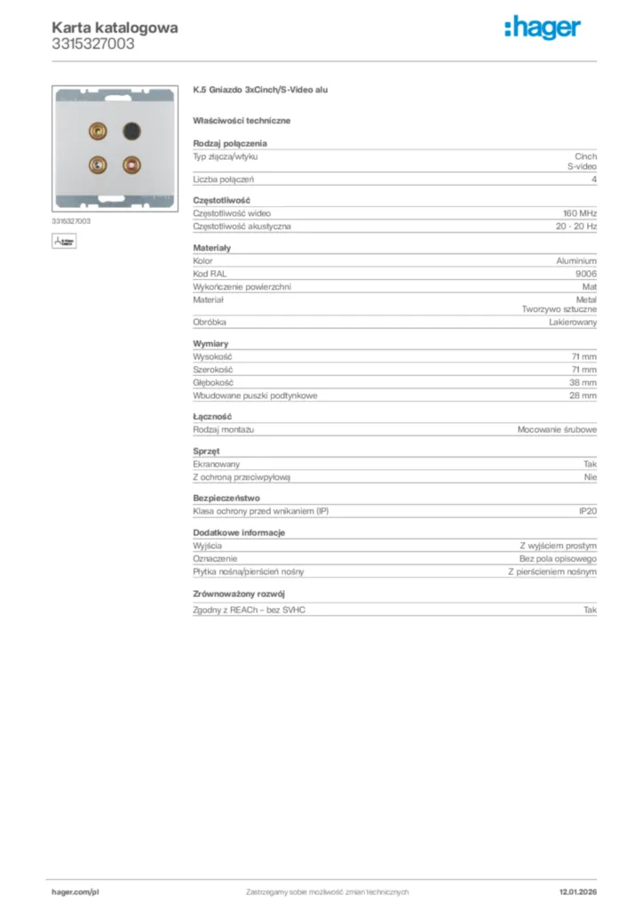 Zdjęcie Hager Karta katalogowa 3315327003 | Hager Polska