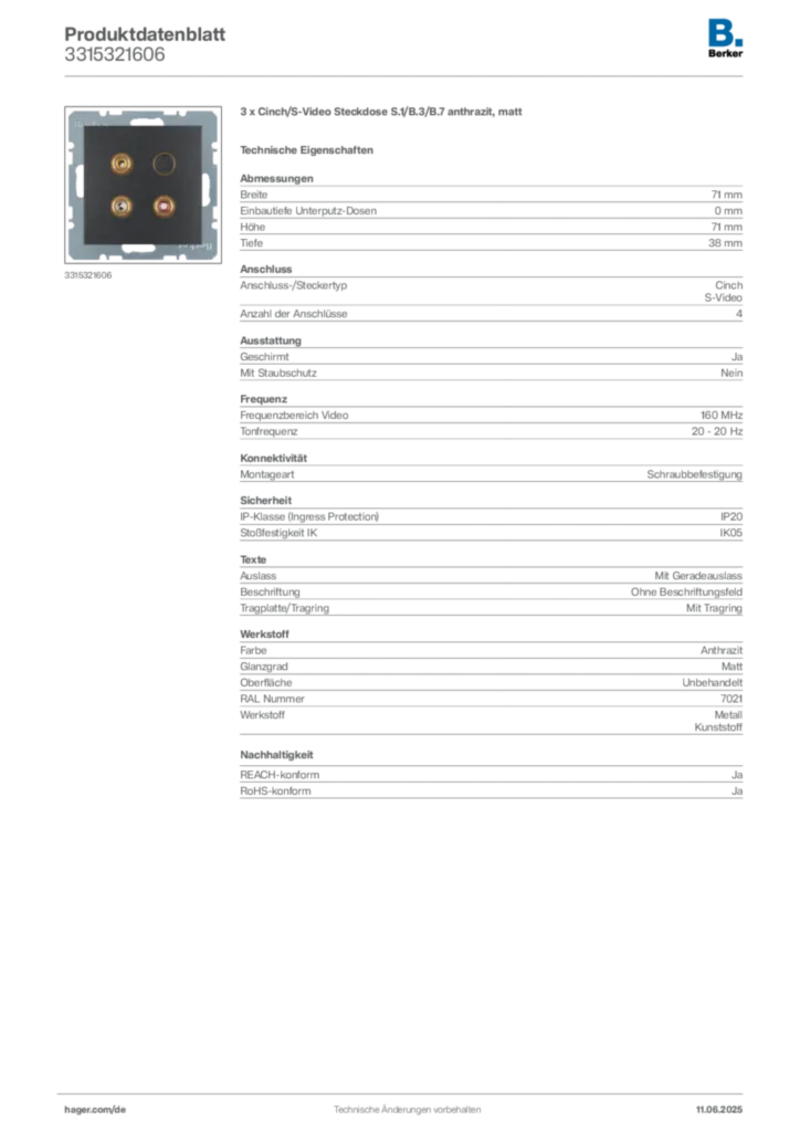 Bild Berker Produktdatenblatt 3315321606 | Hager Deutschland