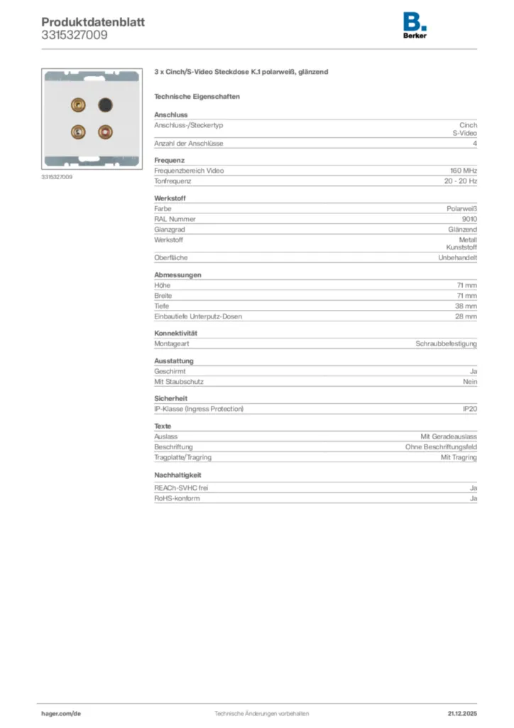 Bild Berker Produktdatenblatt 3315327009 | Hager Deutschland