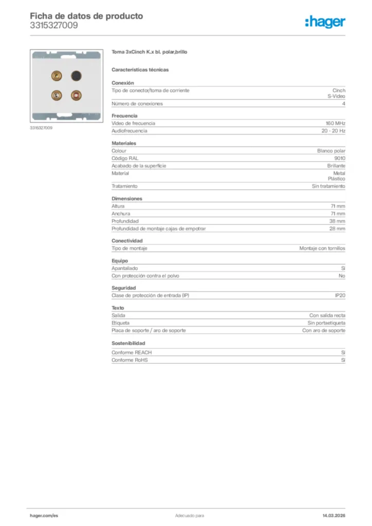 Imagen Hager Ficha de datos de producto 3315327009 | Hager España