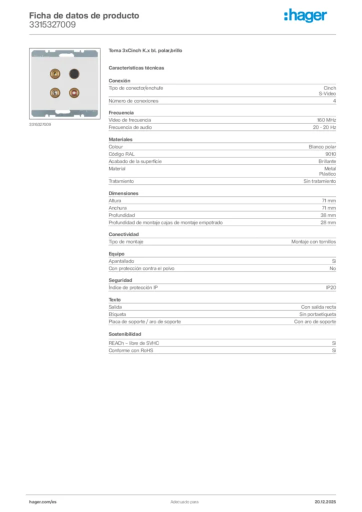 Imagen Hager Ficha de datos de producto 3315327009 | Hager España