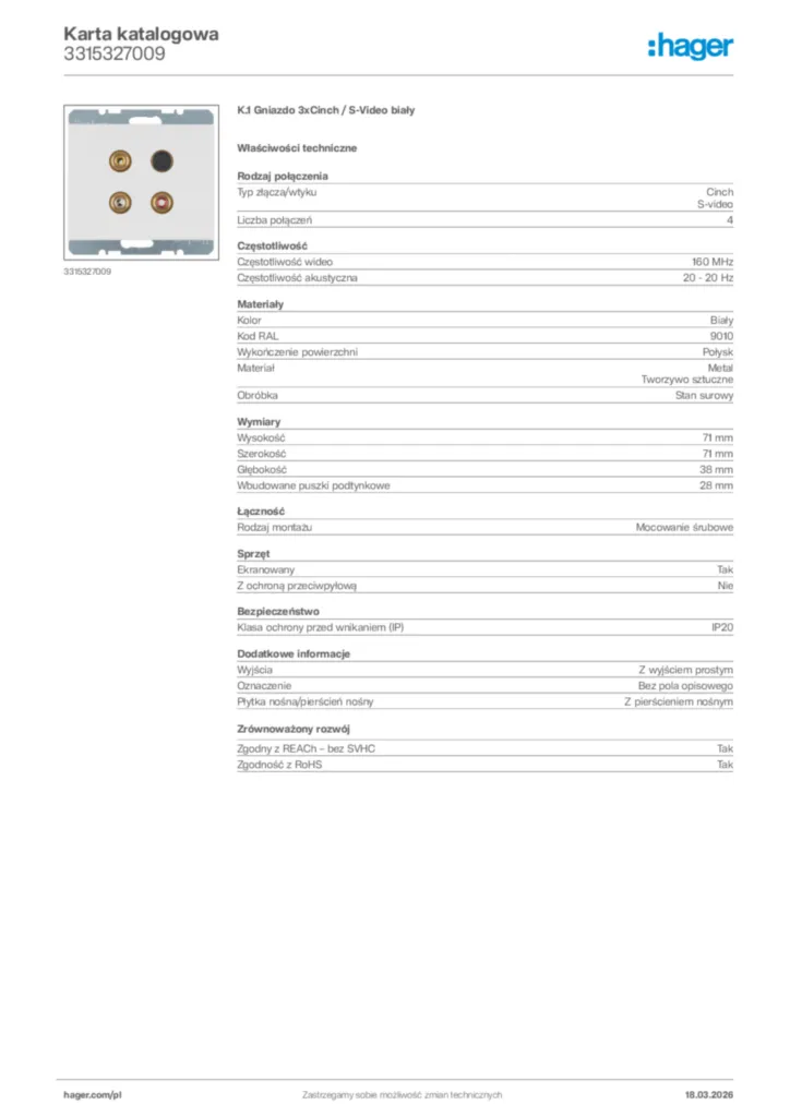 Zdjęcie Hager Karta katalogowa 3315327009 | Hager Polska
