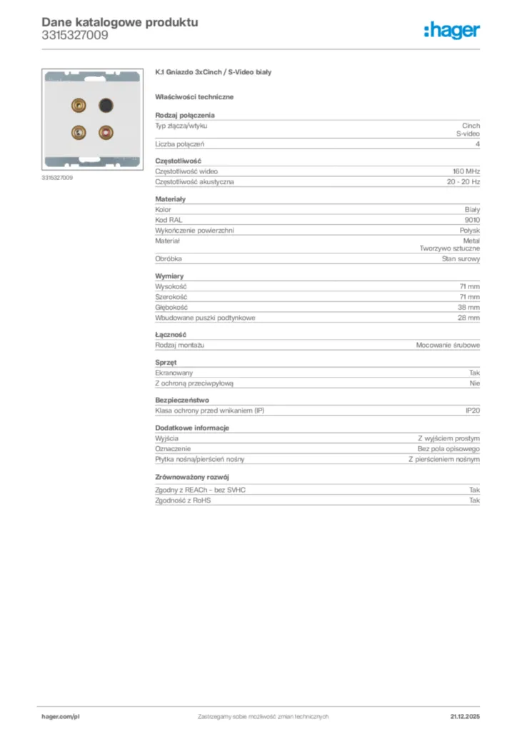 Zdjęcie Hager Dane katalogowe produktu 3315327009 | Hager Polska