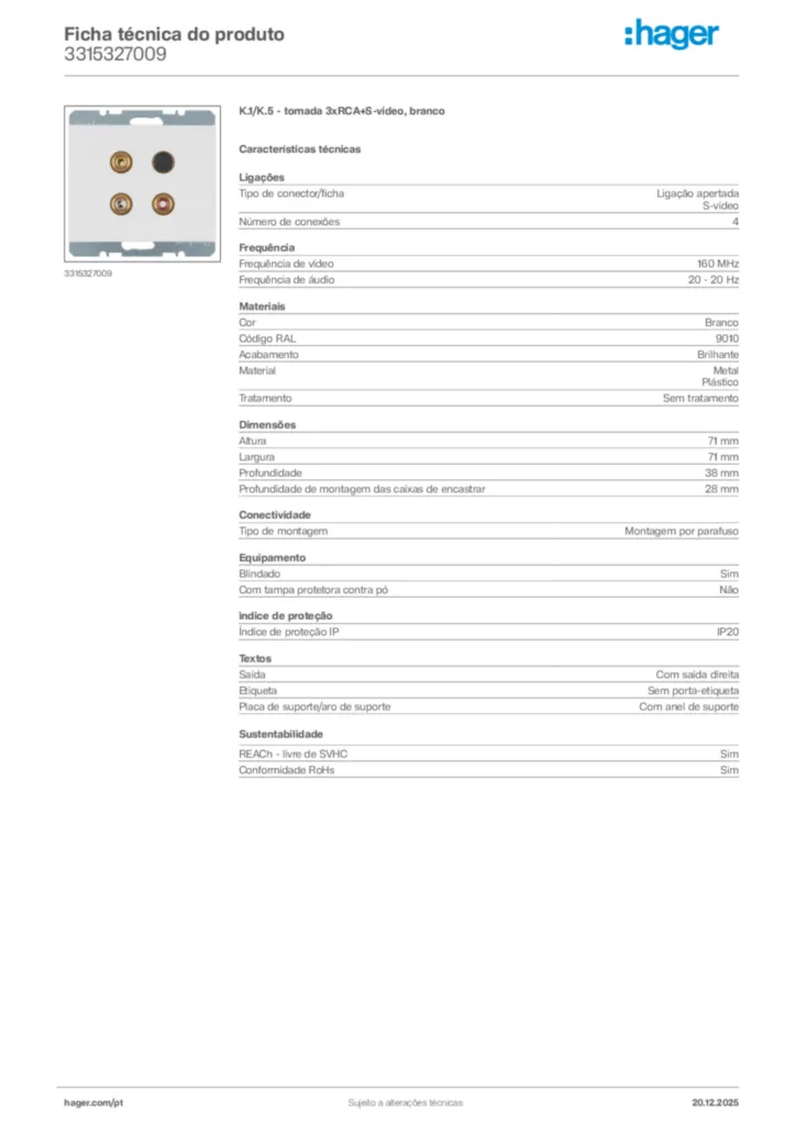 Imagem Hager Ficha técnica do produto 3315327009 | Hager Portugal