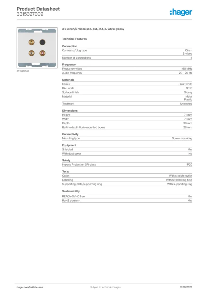 Image Hager Product data sheet 3315327009  | Hager