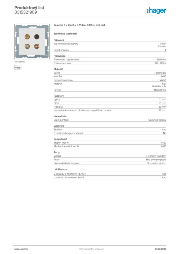 Obrázek Hager Product data sheet 3315321909 | Hager