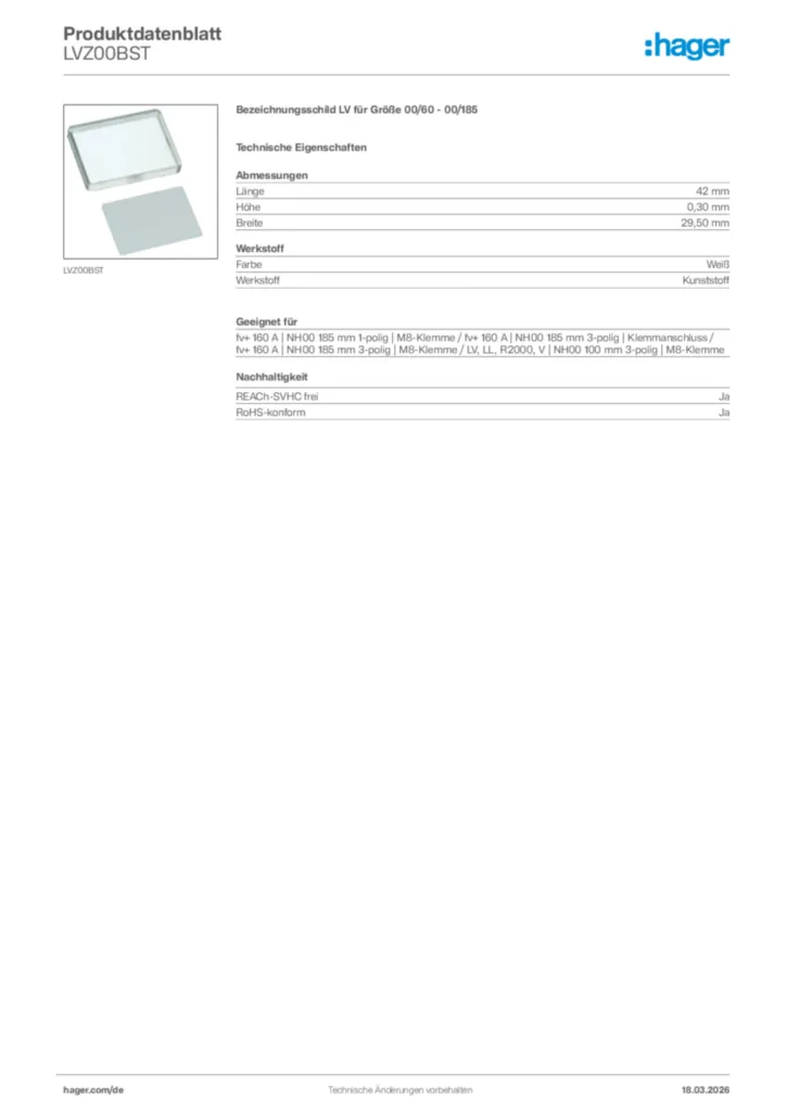 Bild Hager Produktdatenblatt LVZ00BST | Hager Deutschland
