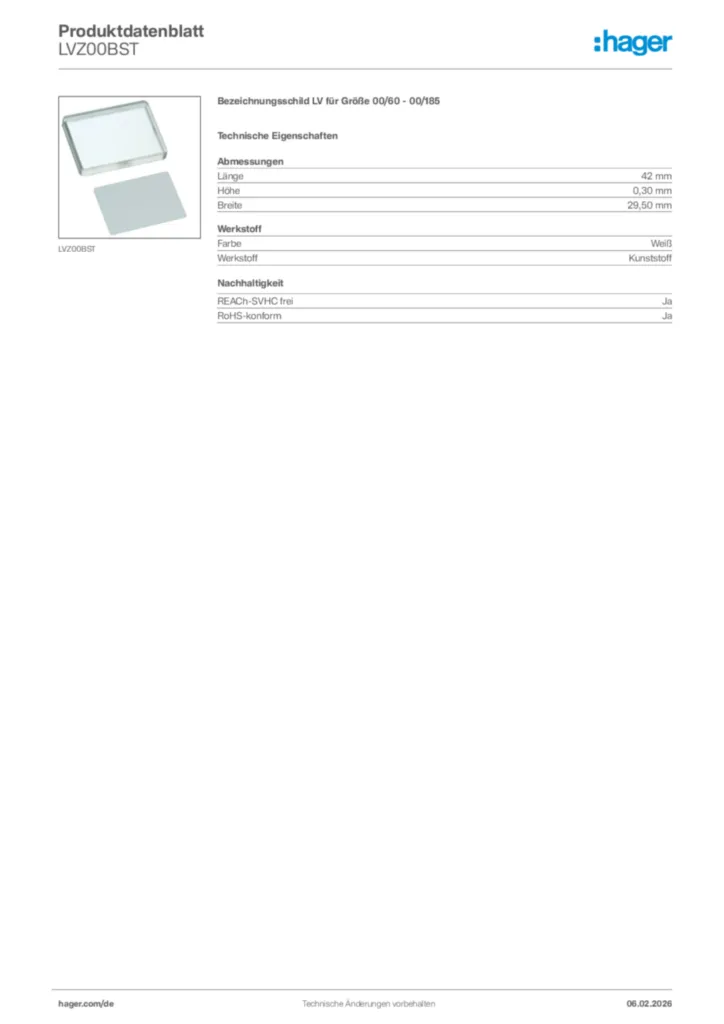 Bild Hager Produktdatenblatt LVZ00BST | Hager Deutschland