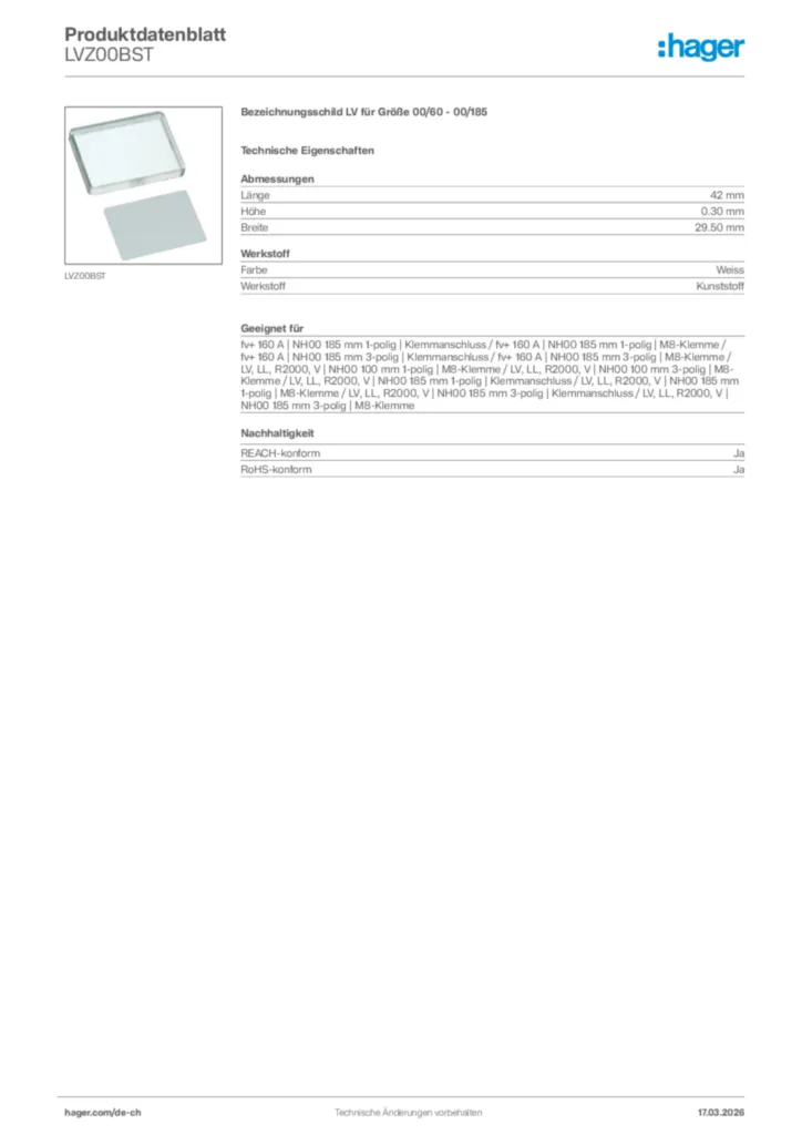 Bild Hager Produktdatenblatt LVZ00BST | Hager Schweiz