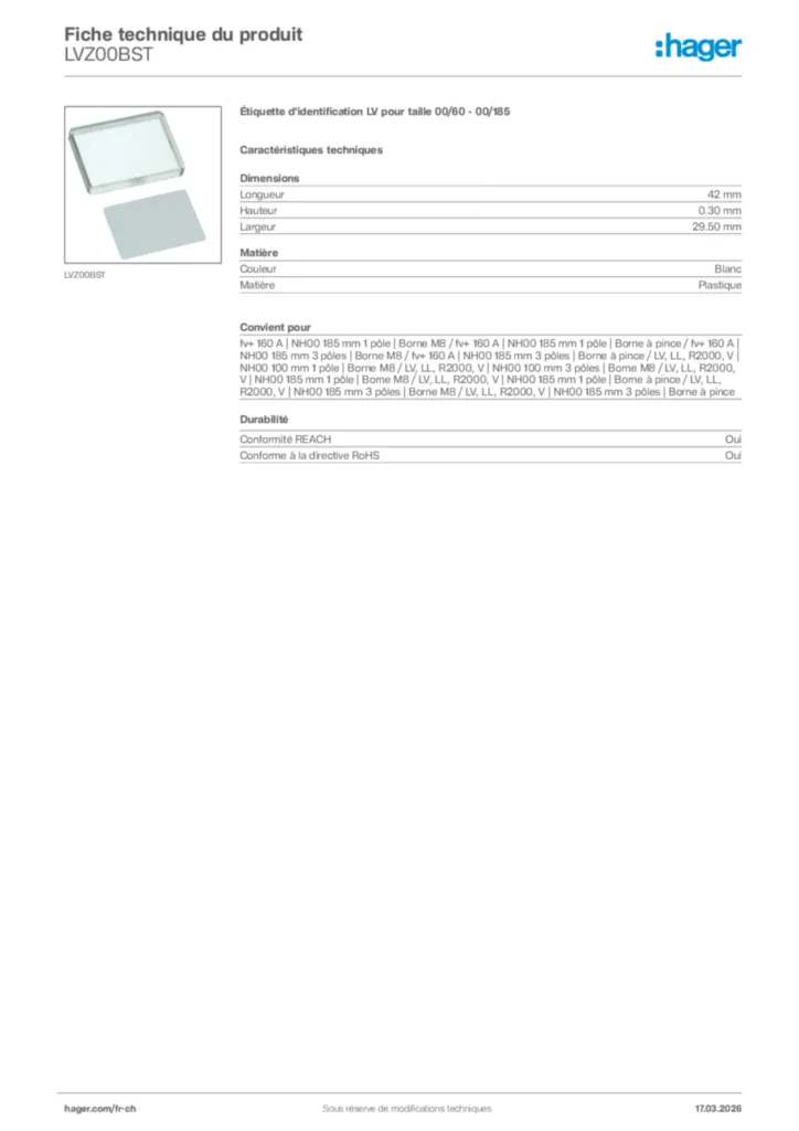 Image Hager Fiche technique du produit LVZ00BST | Hager Suisse