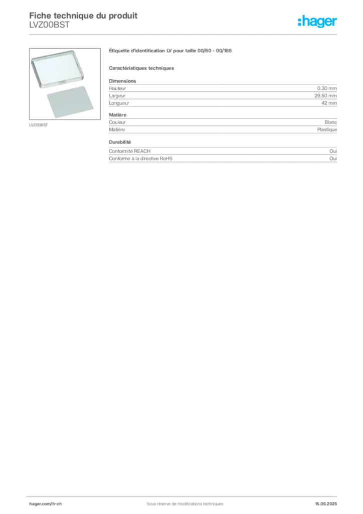 Image Hager Fiche technique du produit LVZ00BST | Hager Suisse