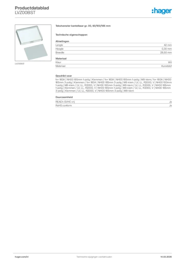 Afbeelding Hager Productdatablad LVZ00BST | Hager Nederland