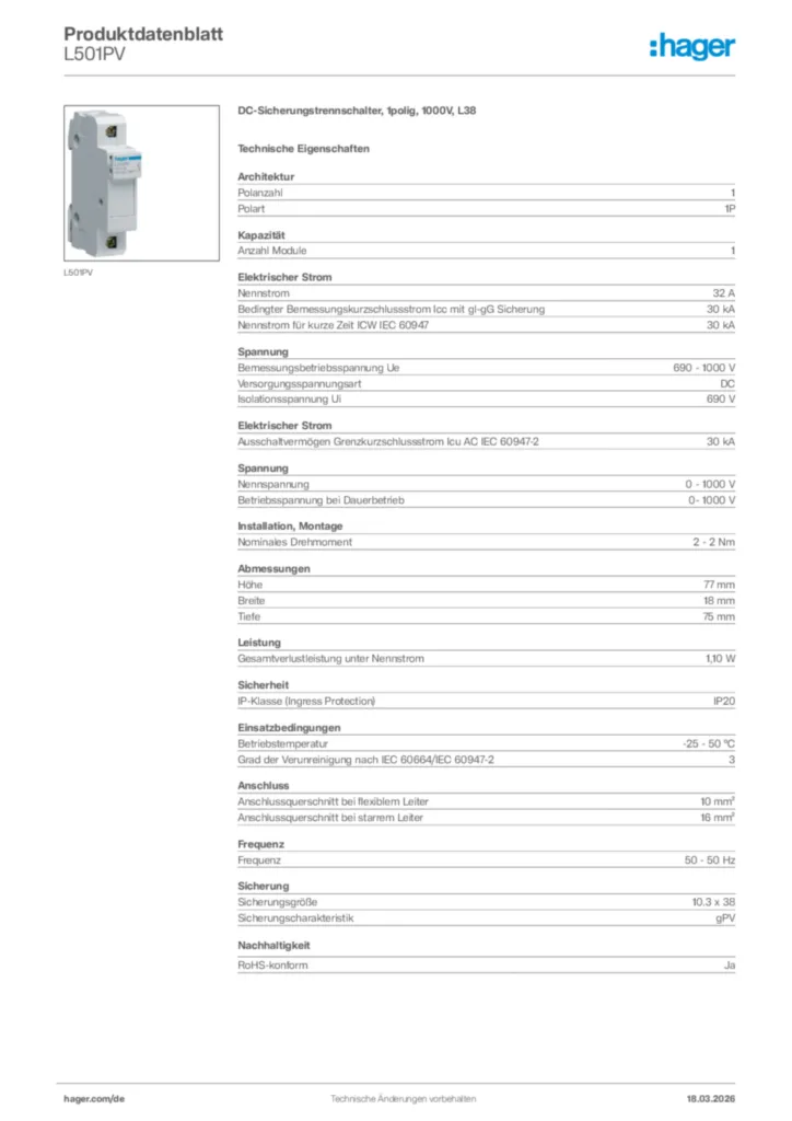 Bild Hager Produktdatenblatt L501PV | Hager Deutschland