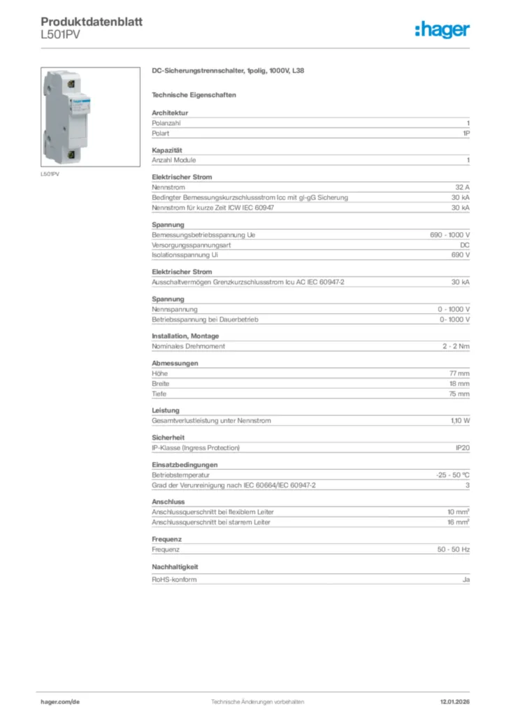 Bild Hager Produktdatenblatt L501PV | Hager Deutschland