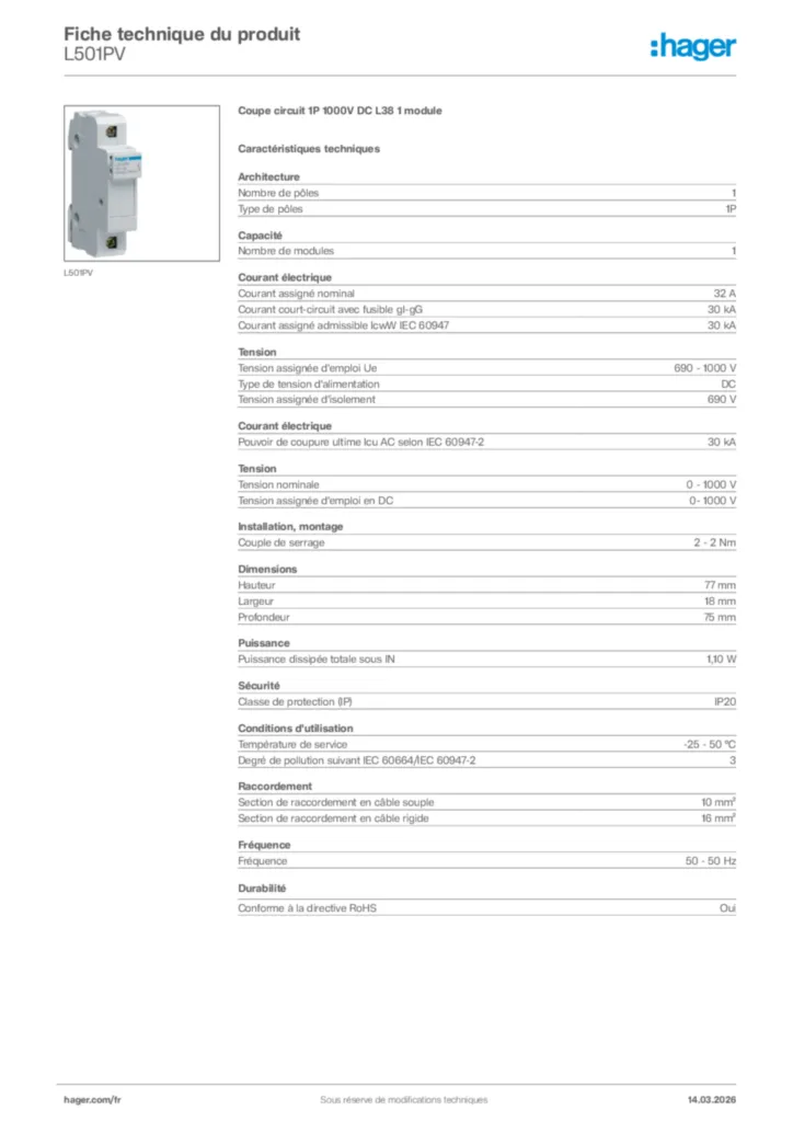 Image Hager Fiche technique du produit L501PV | Hager France