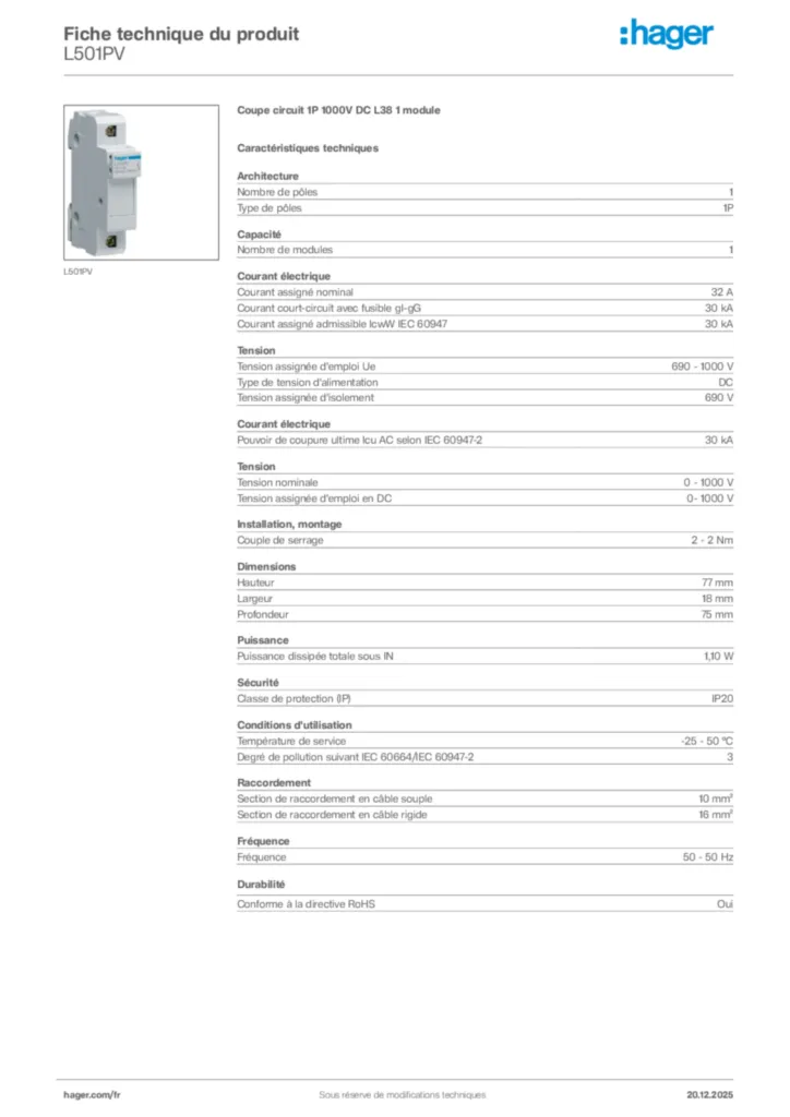 Image Hager Fiche technique du produit L501PV | Hager France