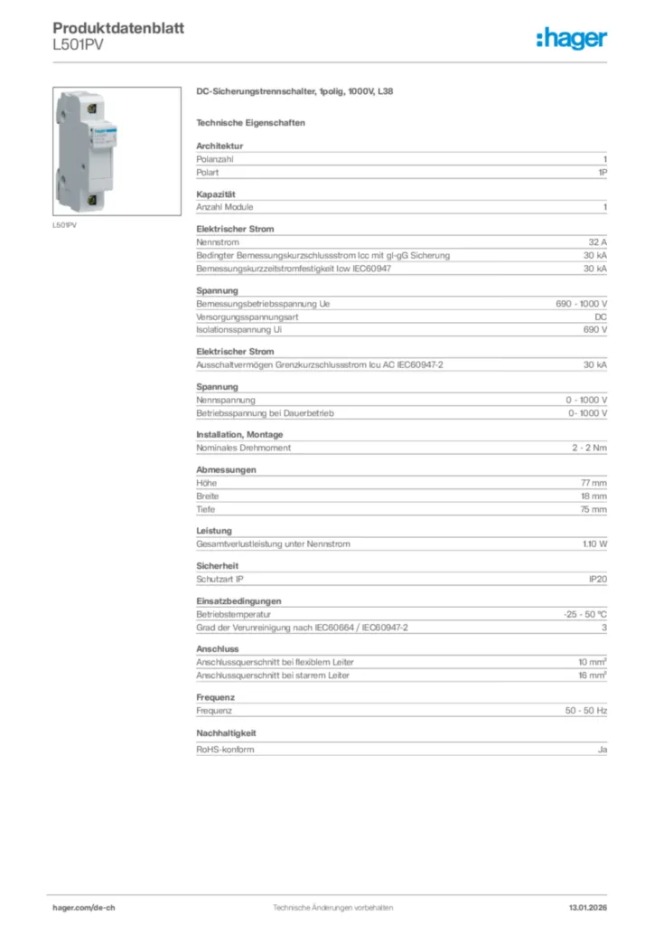 Bild Hager Produktdatenblatt L501PV | Hager Schweiz