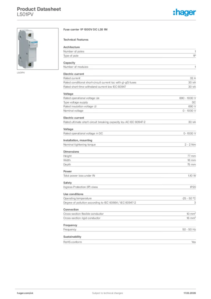 Image Hager Product data sheet L501PV  | Hager