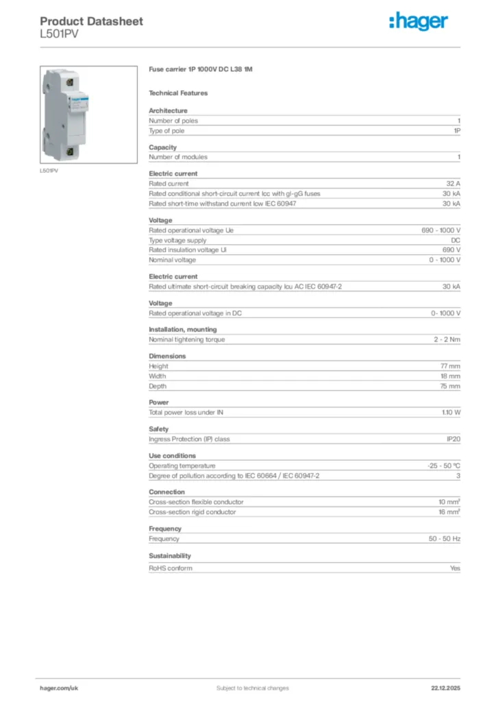 Image Hager Product data sheet L501PV  | Hager