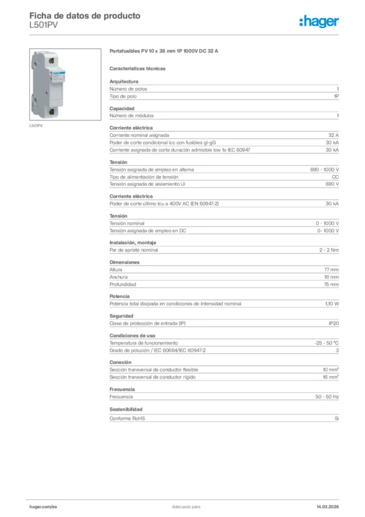 Imagen Hager Ficha de datos de producto L501PV | Hager España