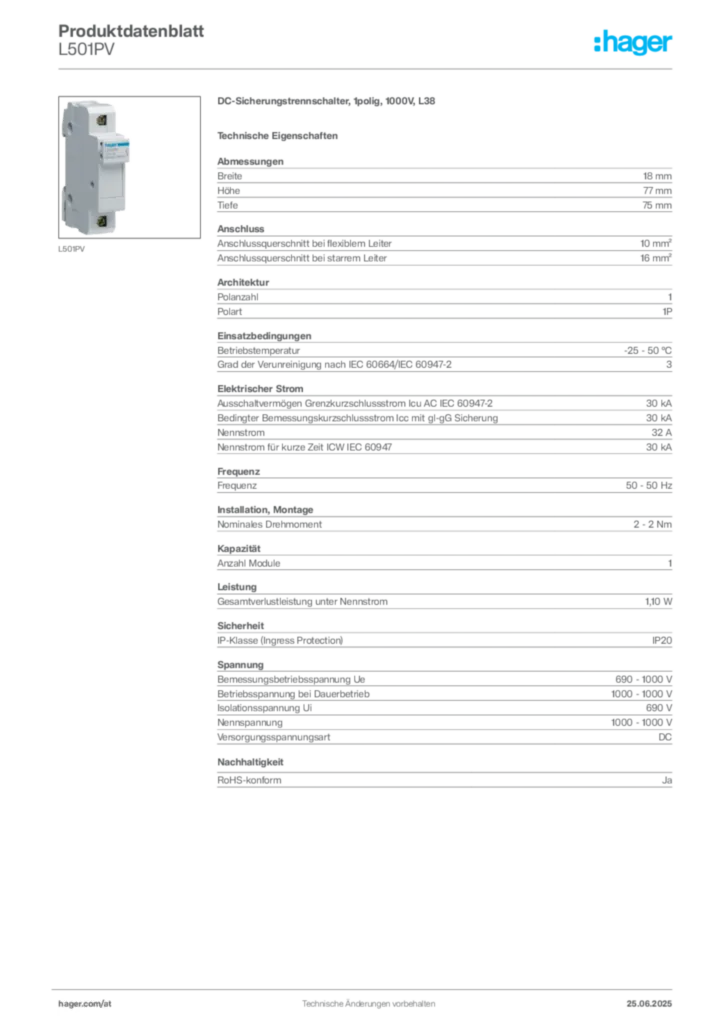 Bild Hager Produktdatenblatt L501PV | Hager Deutschland