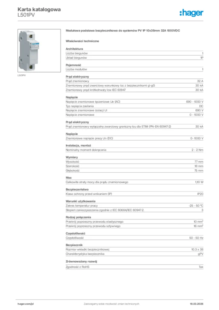 Zdjęcie Hager Karta katalogowa L501PV | Hager Polska