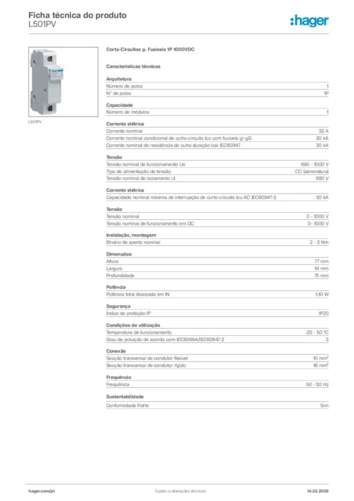 Imagem Hager Ficha técnica do produto L501PV | Hager Portugal