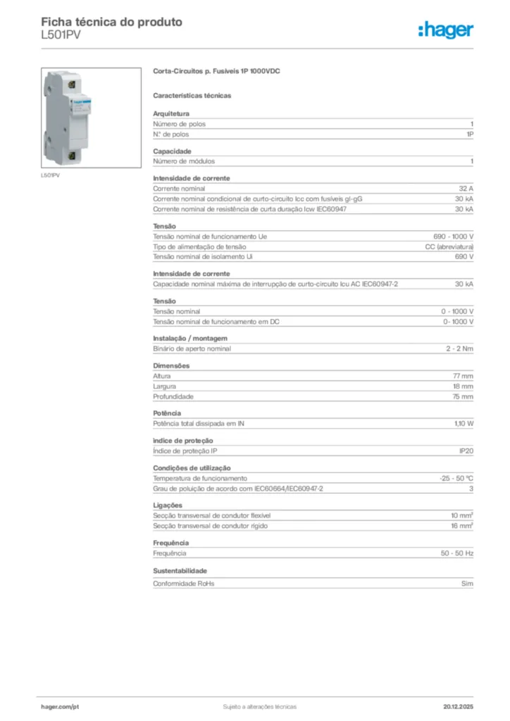 Imagem Hager Ficha técnica do produto L501PV | Hager Portugal