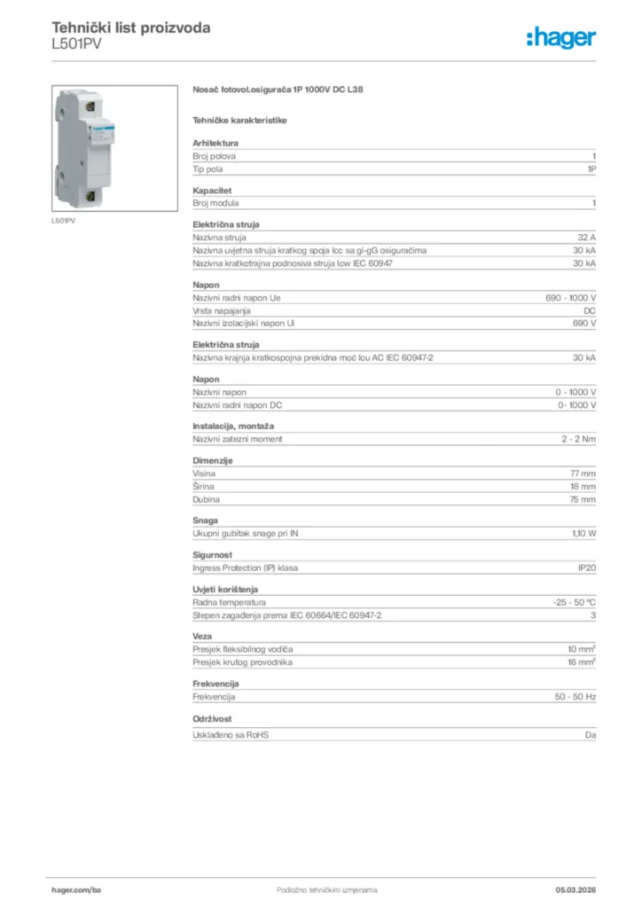 Slika Hager Tehnički list proizvoda L501PV  | Hager