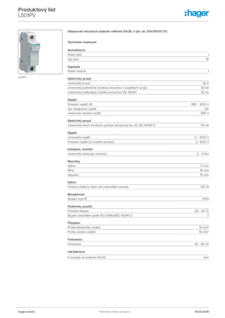 Obrázek Hager Product data sheet L501PV | Hager