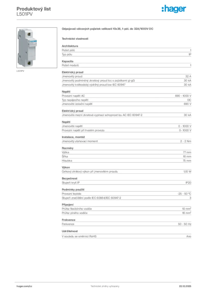 Obrázek Hager Produktový list L501PV | Hager