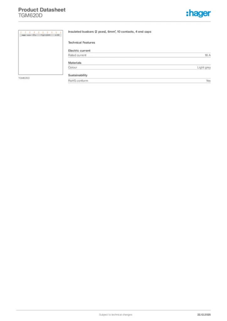 Image Hager Product data sheet TGM620D  | Hager Africa