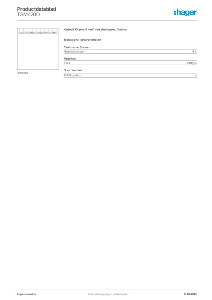 Afbeelding Hager Productdatablad TGM620D | Hager Belgium