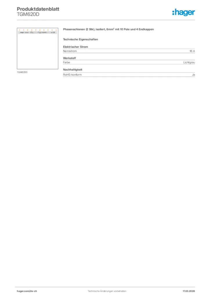 Bild Hager Produktdatenblatt TGM620D | Hager Schweiz