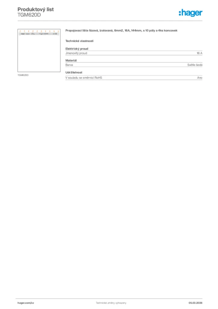 Obrázek Hager Product data sheet TGM620D | Hager