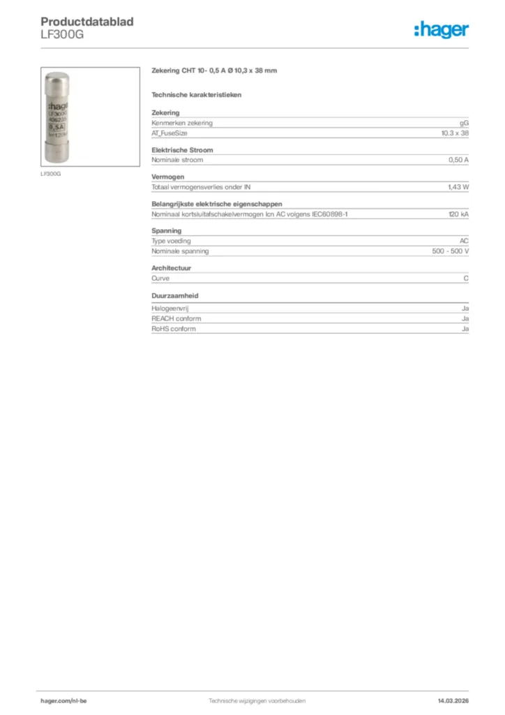 Afbeelding Hager Productdatablad LF300G | Hager Belgium