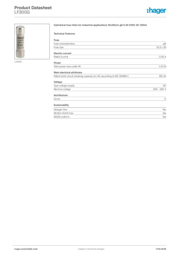 Image Hager Product data sheet LF300G  | Hager